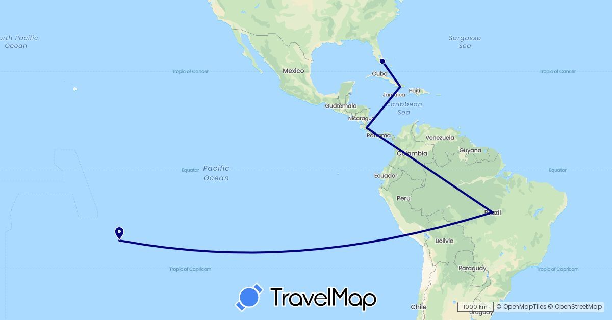 TravelMap itinerary: driving in Brazil, Costa Rica, Cuba, France, United States (Europe, North America, South America)