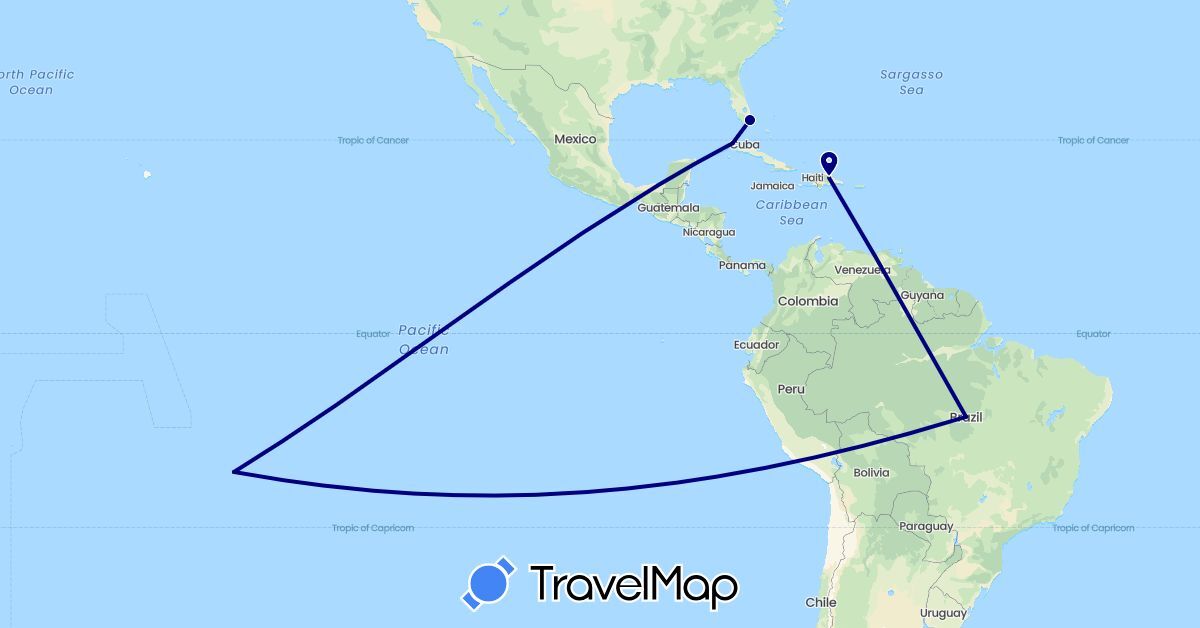 TravelMap itinerary: driving in Brazil, Cuba, Dominican Republic, France, United States (Europe, North America, South America)